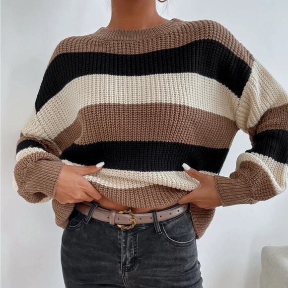 SHEIN Striped Sweater Tan Black Cream Large - Picture 1 of 6